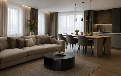 Вітальня та кухня в квартирі 85 м²